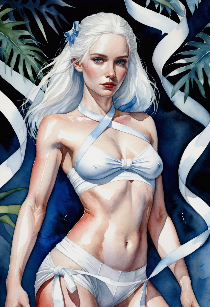 A woman with white hair and blue eyes, white skin and red cheeks. Her body is athletic and imposing, and her chest is covered by several white ribbons, her pants are black and loose. Watercolor style. Bright blue stain background with jungle reflection. Early morning blue lighting.