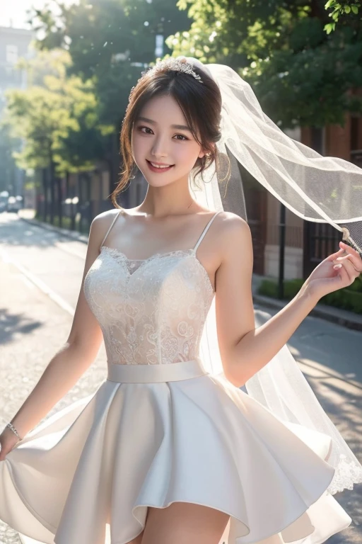 ((best picture quality, 8k, masterpiece:1.3)), 1 girl, Beautiful woman with perfect body:1.3, ,((Wedding dress,Short skirt)),Thin face, delicate eyes, double eyelids,Smile,Big