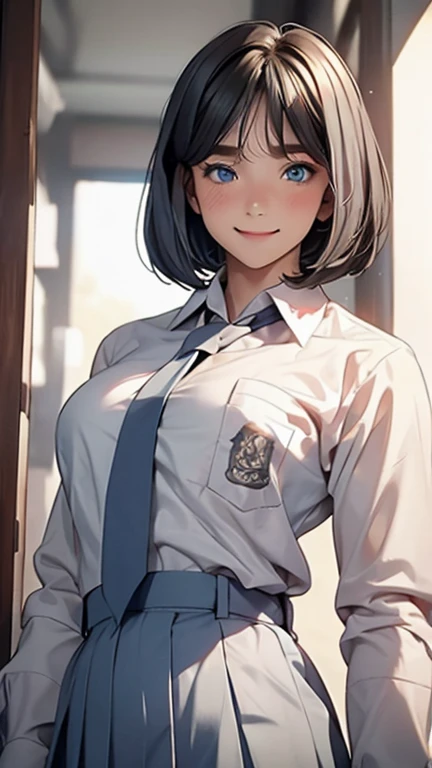 1 woman, , (Short Layered Bob haircut, black hair), scared face expression, plump body, blue eyes, Indonesian high-school uniform, (wearing transparent white shirt, long sleeves, light-grey tie), osis logo on shirt pocket, medium breasts, long light-grey pleated skirt, dynamic pose, full body shot, shy, in the classroom, smiling.