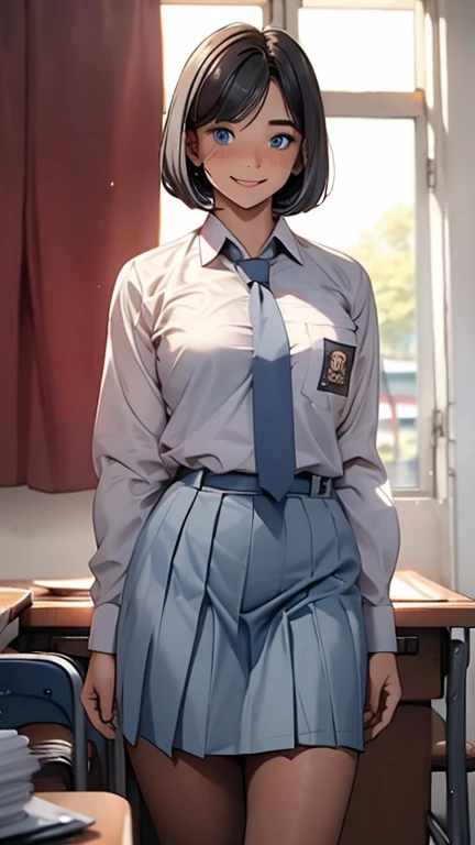 1 woman, 17 years old, (Short Layered Bob haircut, black hair), scared face expression, plump body, blue eyes, Indonesian high-school uniform, (wearing transparent white shirt, long sleeves, light-grey tie), osis logo on shirt pocket, medium breasts, long light-grey pleated skirt, dynamic pose, full body shot, shy, in the classroom, smiling.