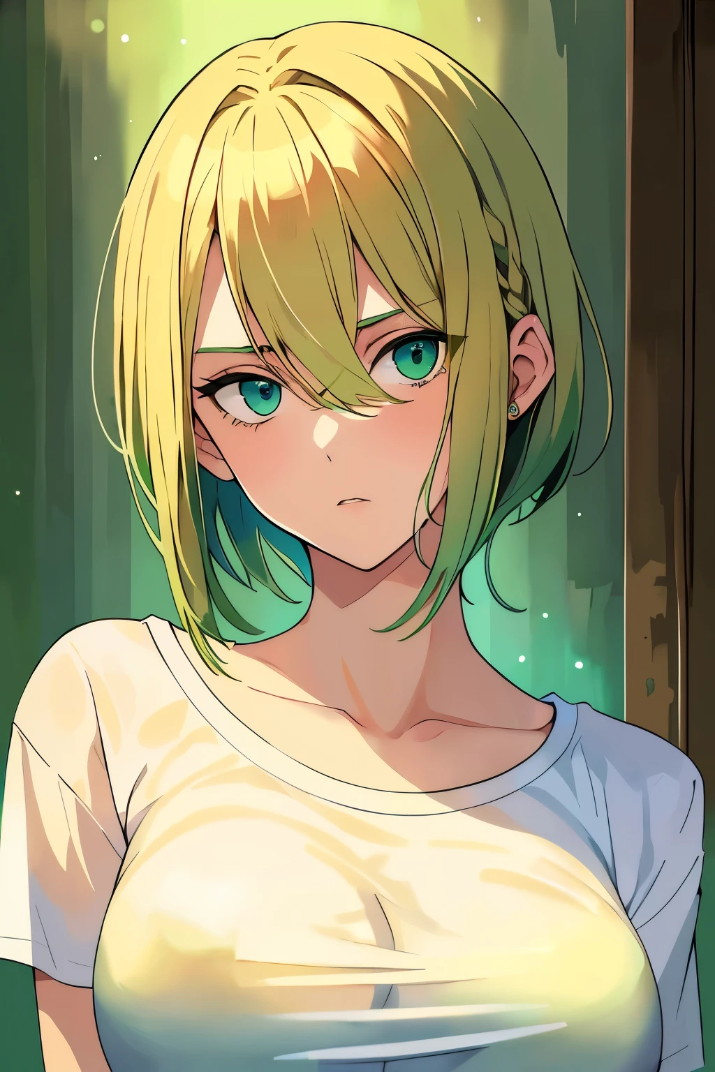 (masterpiece), best quality, expressive eyes, perfect face, short medium hair, two-tone hair ((blonde hair, green hair)), glowing blue eyes, [thighs], skinny body, perfect body, [medium big breast], expressionless face, ((white t-shirt)), ((portrait)), ((posing)), ((1 girl)), (((mature girl))), (((posing)))