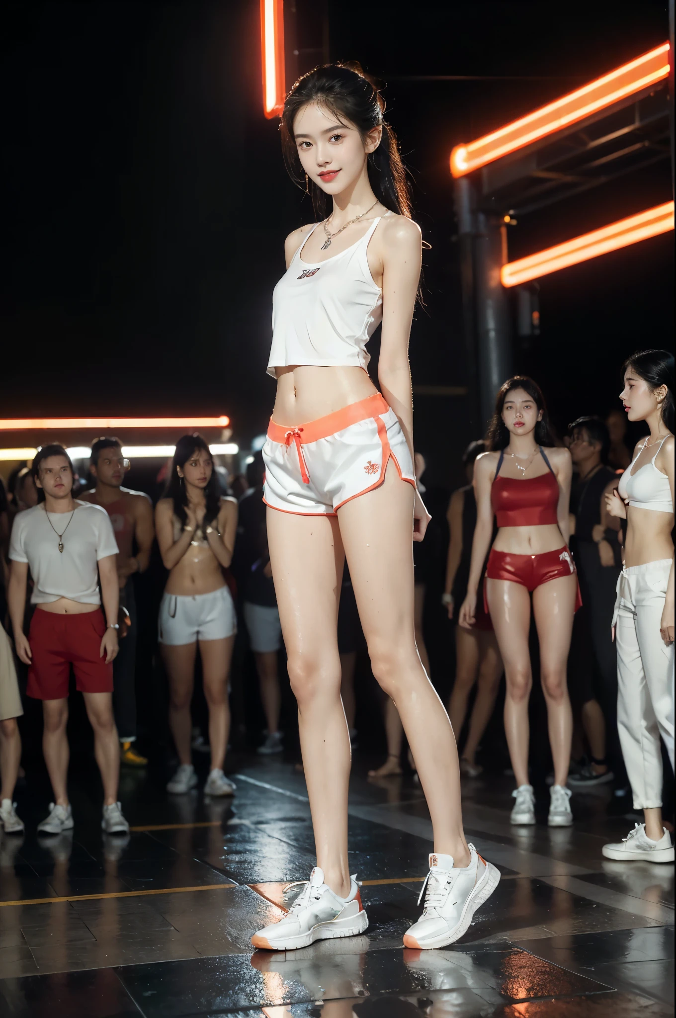 (((best quality))),(((ultra detailed))),(((masterpiece))),illustration,((1 beautiful girl,solo)),(shoulder length straight hair:0.9),((slim,thin)),((small breasts,flat chest)),(necklace:1.2),((sweat,wet)),(shiny skin:1.5),(white tank top:1.3),(red shorts:1.3),(slender legs:1.2),(sneakers:1.3),(in nightclub:1.3),(neon lights:1.3), energy,(standing:1.3),(arms behind back:1.3),(smile:1.2), conversation, thumping bass, sun-kissed skin, tanned legs,delicate features, grace, confidence, excitement, pulsating lights, capturing attention, vibrant atmosphere, center of attention,(summer:1.3),(night scene:1.3), adventure, frozen moment,((from front,full body)),(surrounded by crowded crowds:1.3)
