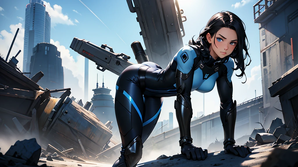 4k ultra HD, masterpiece, character artwork, solo, full length image, head to toe, perfect lighting, human woman, very detailed blue eyes, slightly up-turned cute nose, very lightly blushing cheeks, round face, short curly blue-black hair, determined expression, wearing blue metal armor with a black bodysuit beneath it, knee high blue metal boots with heels, standing up straight, tools on the ground near her boots