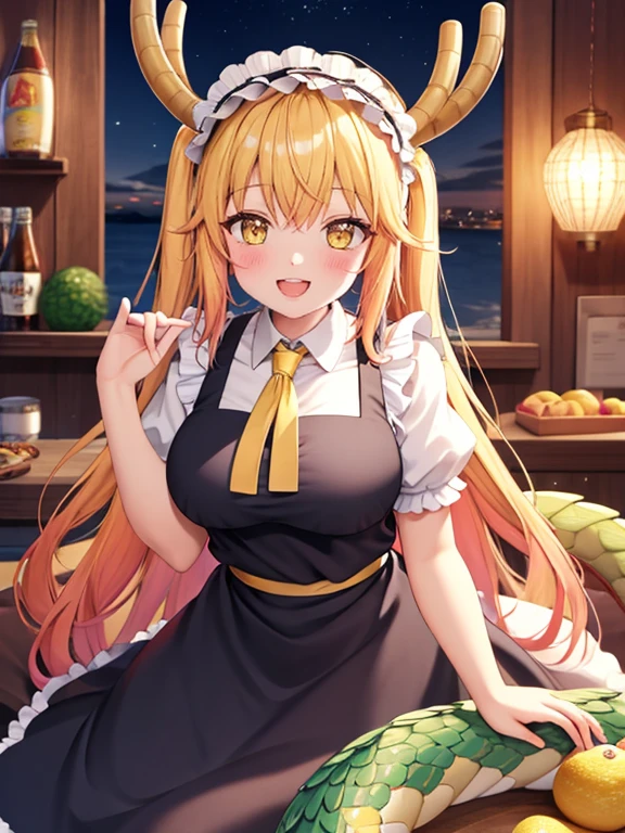 masterpiece, high quality, High Definition), 8k, natural lighting, elegant, voluptuous:0.6, looking at the viewer, 1 girl, female, Alone, blush, open mouth, smile, teeth, SFW, Tohru, by rubio, dragon girl, dragon cola, Canine, hair between the eyes, horns, large cola, by the wide, scales, cola, twincolas, (yellow eyes:1.5), slit pupils, bow, steering wheels, maid, maid headdress,