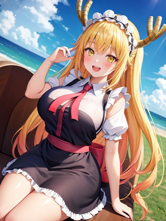 masterpiece, high quality, High Definition), 8k, natural lighting, elegant, voluptuous:0.6, looking at the viewer, 1 girl, female, Alone, blush, open mouth, smile, teeth, SFW, Tohru, by rubio, dragon girl, dragon cola, Canine, hair between the eyes, horns, large cola, by the wide, scales, cola, twincolas, (yellow eyes:1.5), slit pupils, bow, steering wheels, maid, maid headdress,