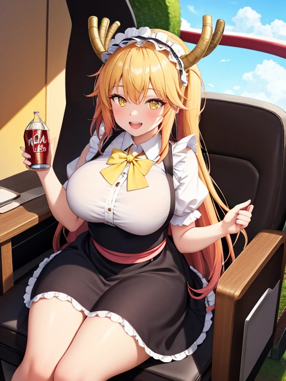 masterpiece, high quality, High Definition), 8k, natural lighting, elegant, voluptuous:0.6, looking at the viewer, 1 girl, female, Alone, blush, open mouth, smile, teeth, SFW, Tohru, by rubio, dragon girl, dragon cola, Canine, hair between the eyes, horns, large cola, by the wide, scales, cola, twincolas, (yellow eyes:1.5), slit pupils, bow, steering wheels, maid, maid headdress,