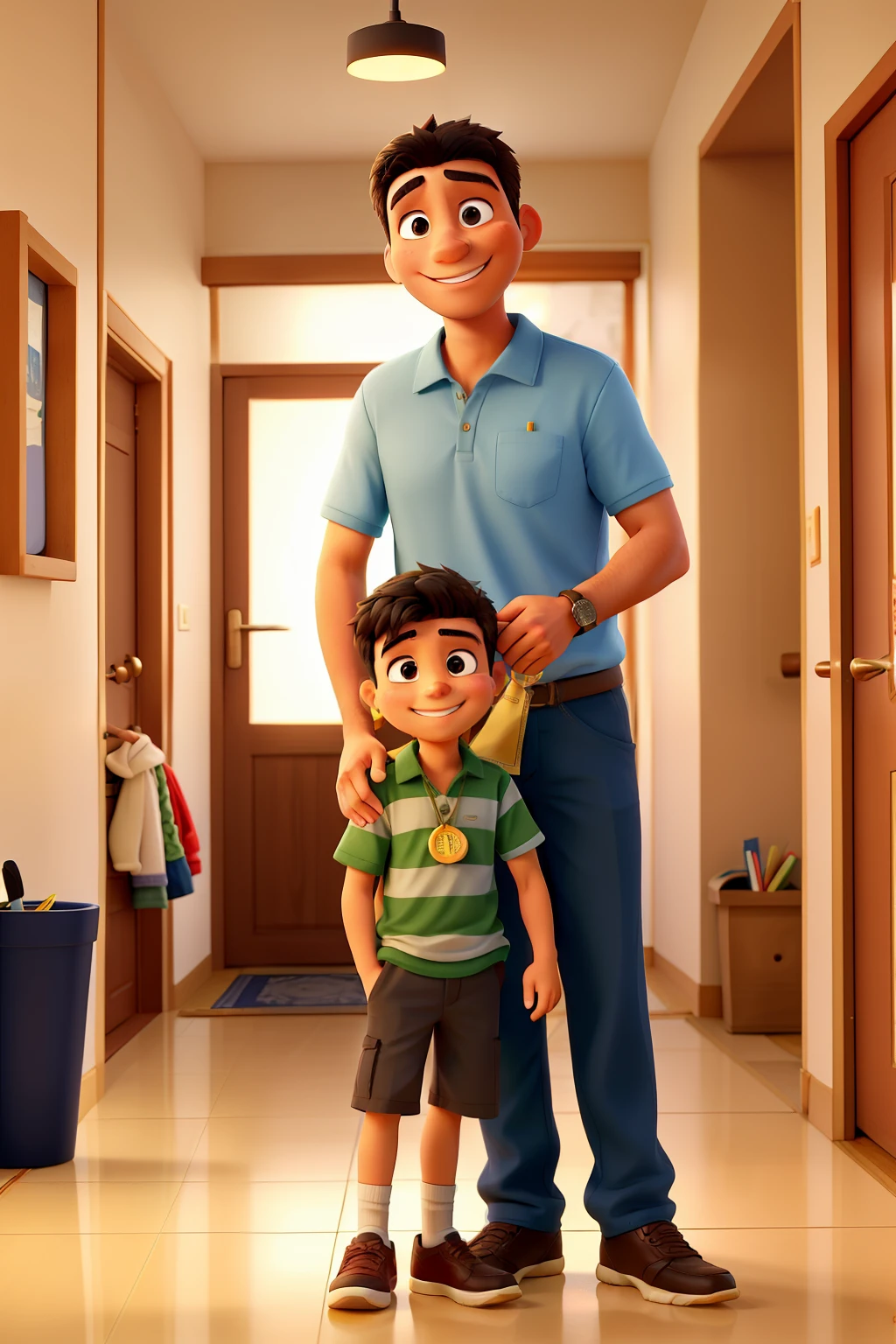 A middle-aged father, com um sorriso encantador, gives money to a young son, with lively and loving eyes. Money is transferred from one hand to the other, as a symbol of trust and love. The light from the hallway lamp illuminates the scene, creating feelings of intimacy and security. The air is kinda cold, But this father-son moment is hot like the summer sun. The son hugs his father in gratitude, with a smile