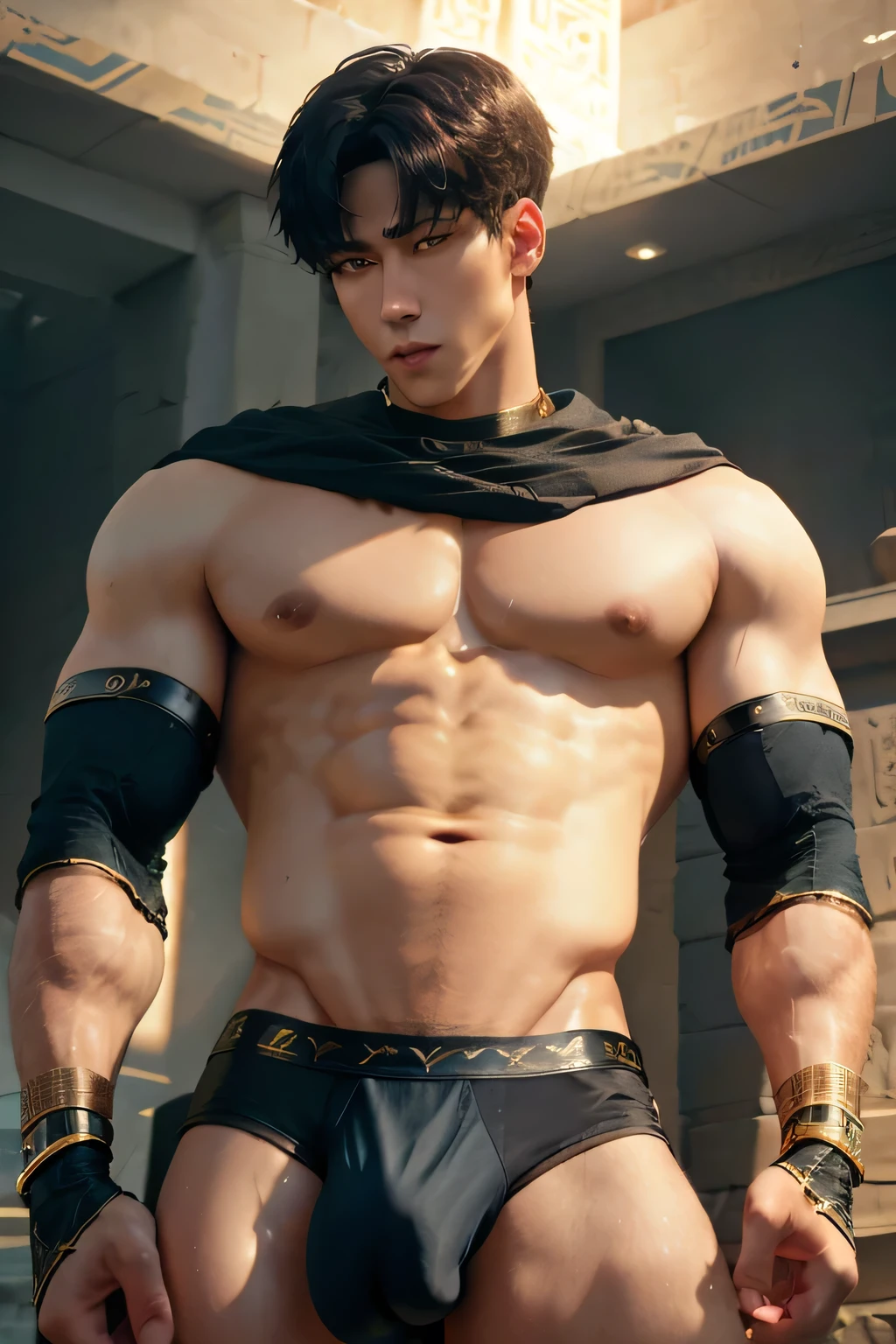 a boy like the God Anubis in ancient Egypt. handsome, muscular, well defined face, imposing, wearing the outfit of the God Anubis, big bulge in crotch, soft facial details, defined profile, well detailed eyes and mouth