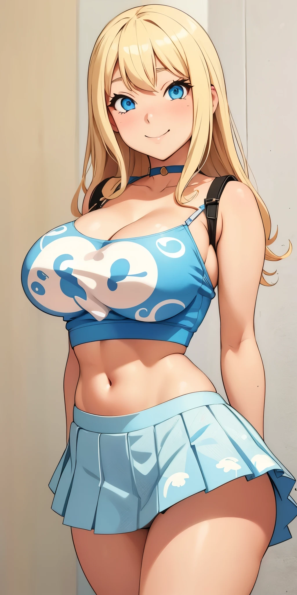 Anime girl, blue eyes, blonder hair, muy voluptuosa, teen, big breast, shy smile, wallpaper, puffy fabric crop top, long pleated skirt with prints, strap, breasts bounce, house