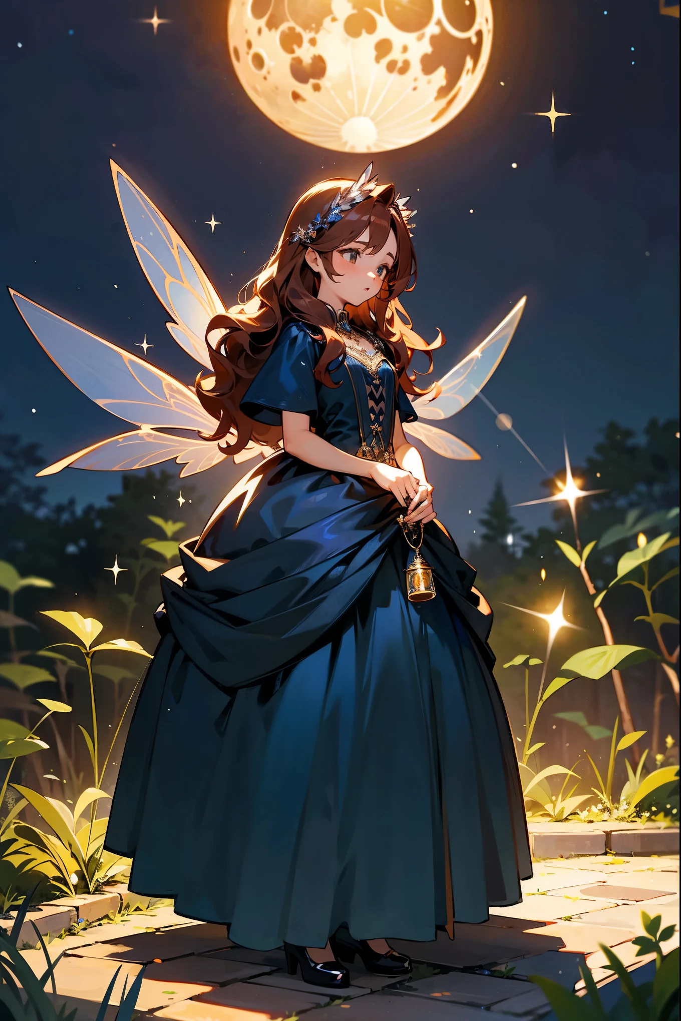 1female, wavy auburn hair, hazel eyes, wearing a dark blue gown with silver patterns, fairy wings, standing on a garden path, moonlit night with twinkling stars, holding a small potion bottle, masterpiece, 8k.