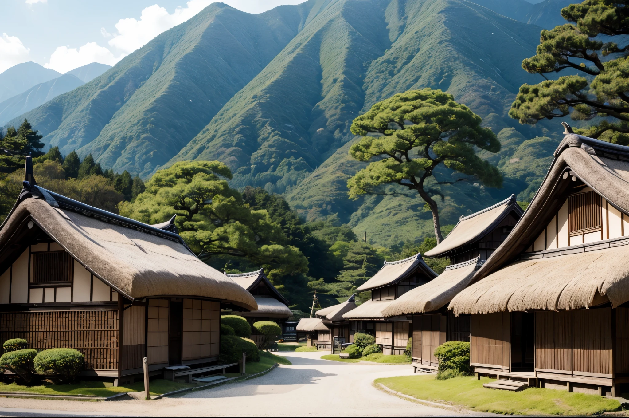 A group of straw-thatched Japanese houses like those in Shirakawa-go　distant writing