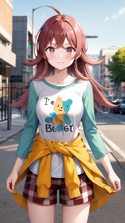 masterpiece, best quality, highres, aakaho, long hair, ahoge, collarbone, print shirt, white shirt, raglan sleeves, clothes around waist, plaid shorts, outdoors, standing, cowboy shot