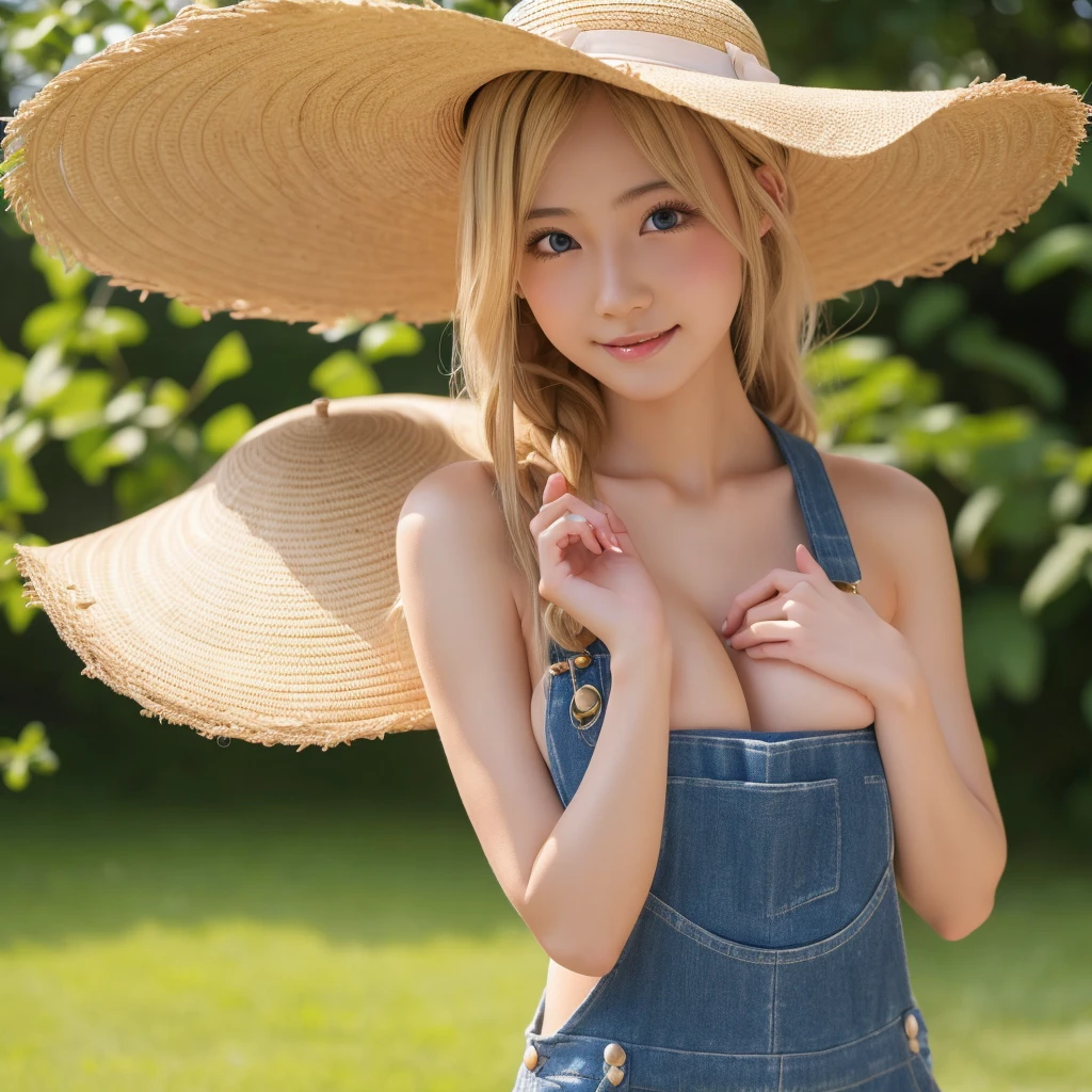 masterpiece, Highest quality, Very detailed, sexy, On the Farm,Wearing a big straw hat、Naked and in overalls、Blonde woman, (Very young and and body),Ahegao Orgasm Double Peace,