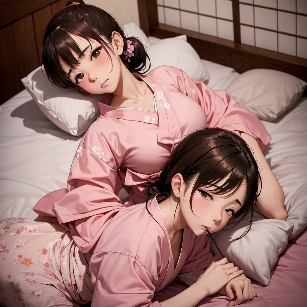high resolution,high quality,beautiful,20age,Brown hair ponytail, , Light pink yukata,Waking up,Sleepy eyes,((Mouth slightly open)),Big Breasts,beautifulスタイル,Lying on your back,The yukata is open,Random Pause,whole body,((((1 person)))),room,Edo Period