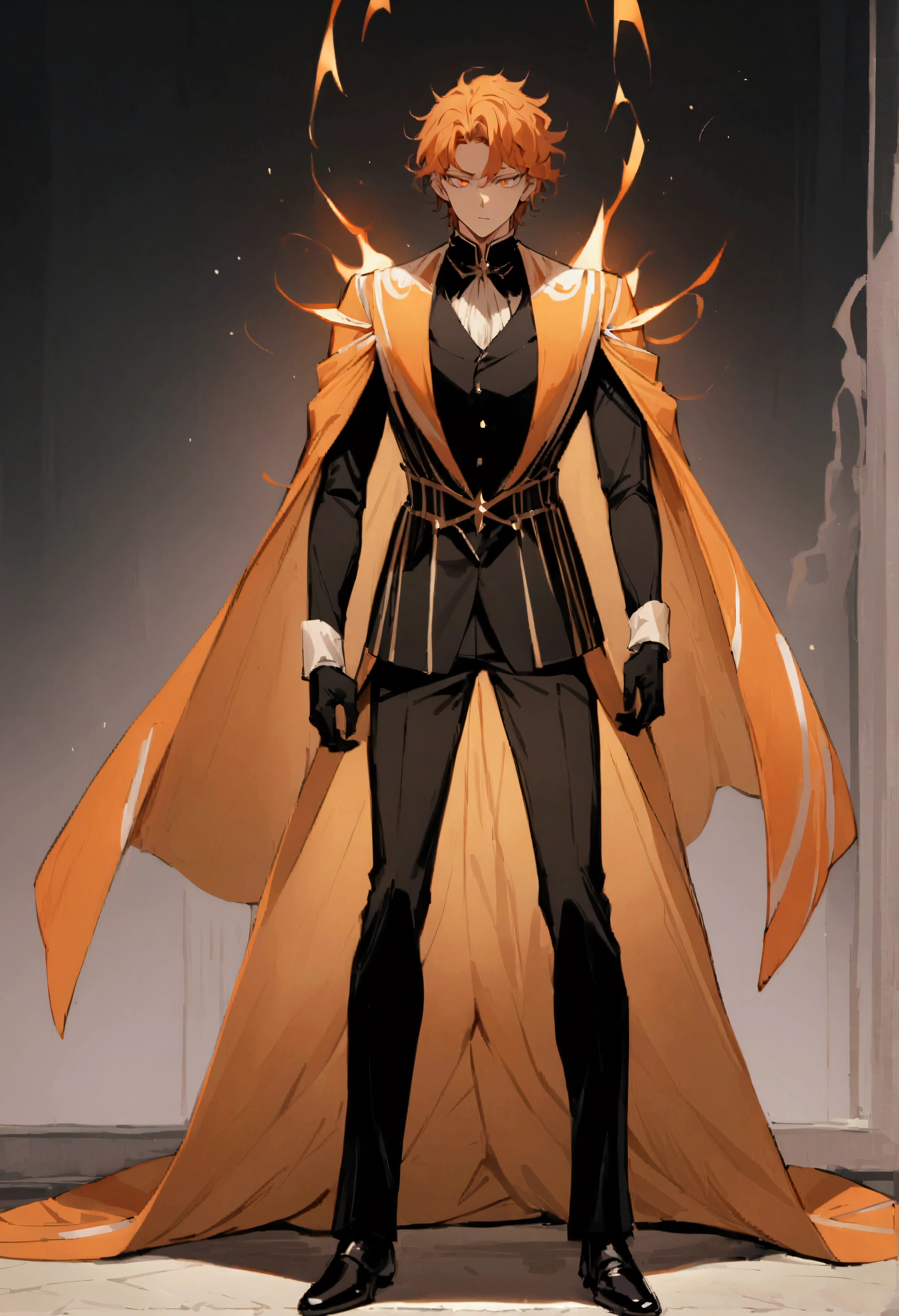 Best Quality,masterpiece,detailed, Boy with orange hair , masculine , short hair, orange white eyes, elegant gabardina negra, young , Black pants, messy hair, ojos extremadamente detaileds , Alone , magic poderosa , elegant , high , strong , stopped , standing , magic , stopped , Whole body , standing
