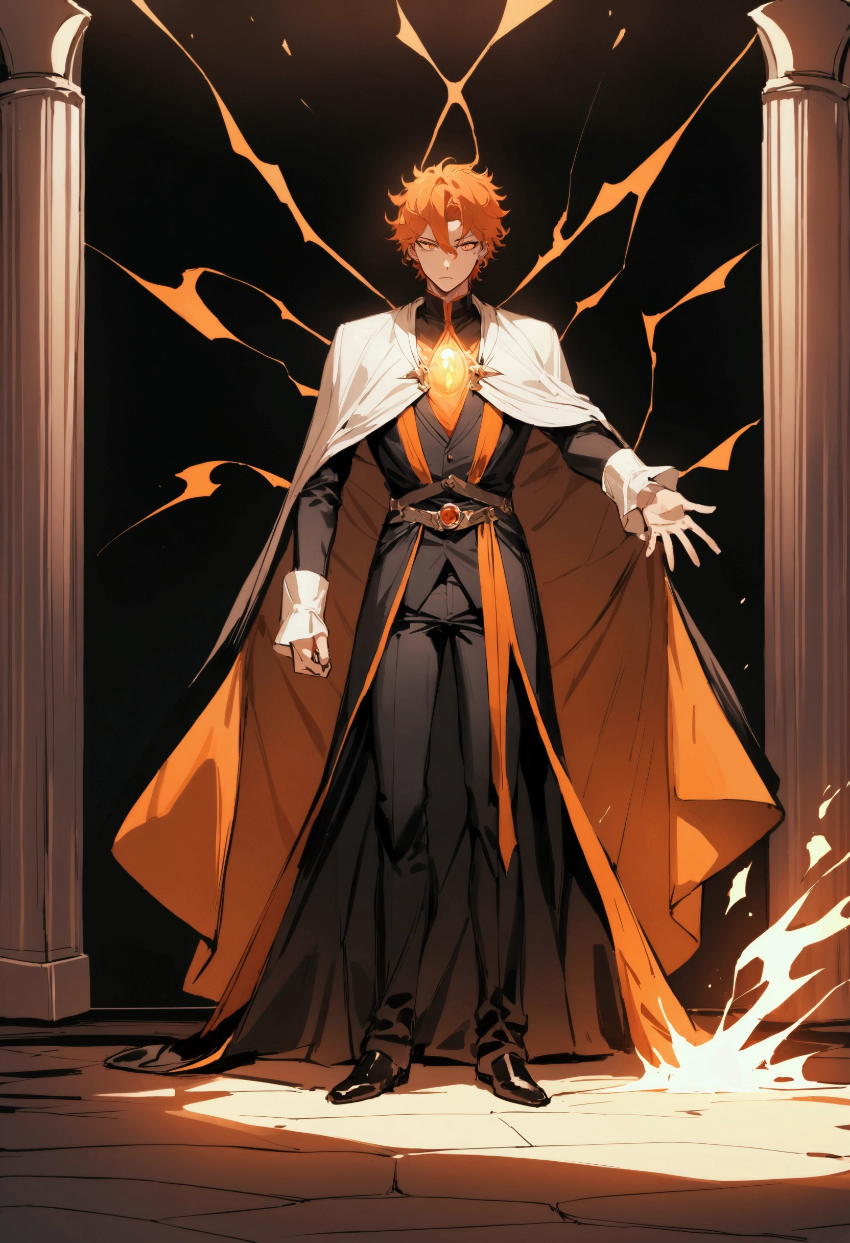 Best Quality,masterpiece,detailed, Boy with orange hair , masculine , short hair, orange white eyes, elegant gabardina negra, young , Black pants, messy hair, ojos extremadamente detaileds , Alone , magic poderosa , elegant , high , strong , stopped , standing , magic , stopped , Whole body , standing