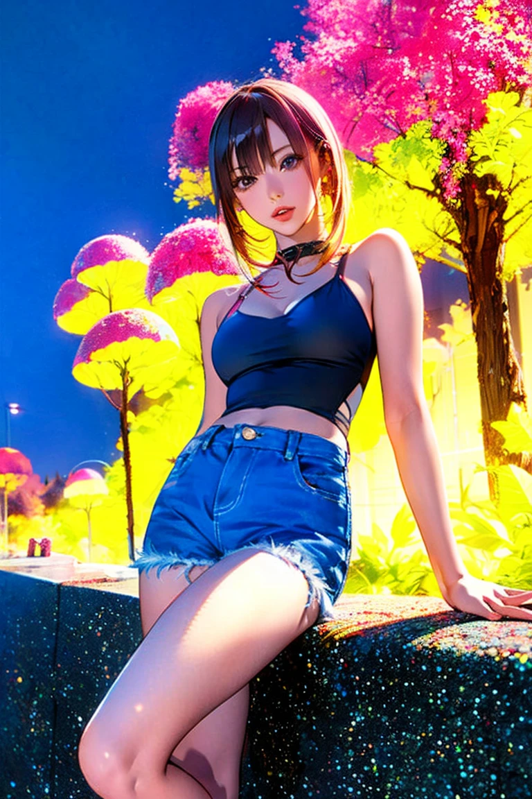 ((masterpiece)),(((Highest quality))),Thin thighs,Long legs,whole body:1.5，(One Girl:1.3),(もっと美しいsummerのラフな格好：1.3),(Wearing light casual clothes:1.2),、Model pose，summer、Flowerpunk Background、Gravure idol、