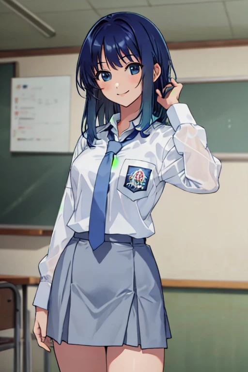 masterpiece,best quality, ultra_res, extremely detailed,
1girl,HMAKANE, BLUE HAIR, medium HAIR, GRADIENT HAIR, MEDIUM BREASTS,
Indonesian high-school uniform, (wearing transparent white shirt, LONG SLEEVES), osis logo on shirt pocket, medium breasts, long light-grey skirt, light-grey tie, cowboy shot, smiling, standing pose, in classroom background,