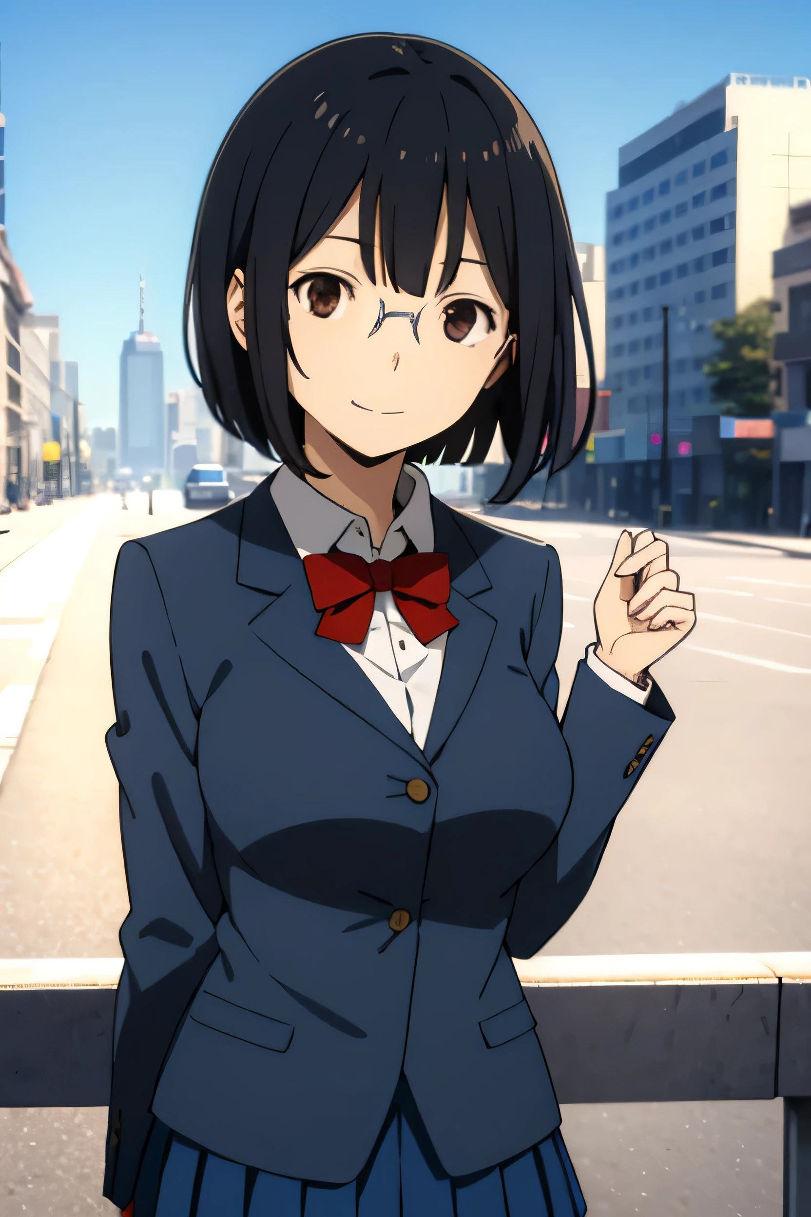 score_9、score_8_up、score_7_up、score_6_up、Source Anime、1 girl、solo、 Henri、Black Hair、short hair、Bobcut、Brown eyes、Glasses、Blue blazer、Red bow tie、Collared shirt、Navy Blue Skirt、Pleated skirt、Big Breasts、Look at you、smile、Upper Body、blue sky、City