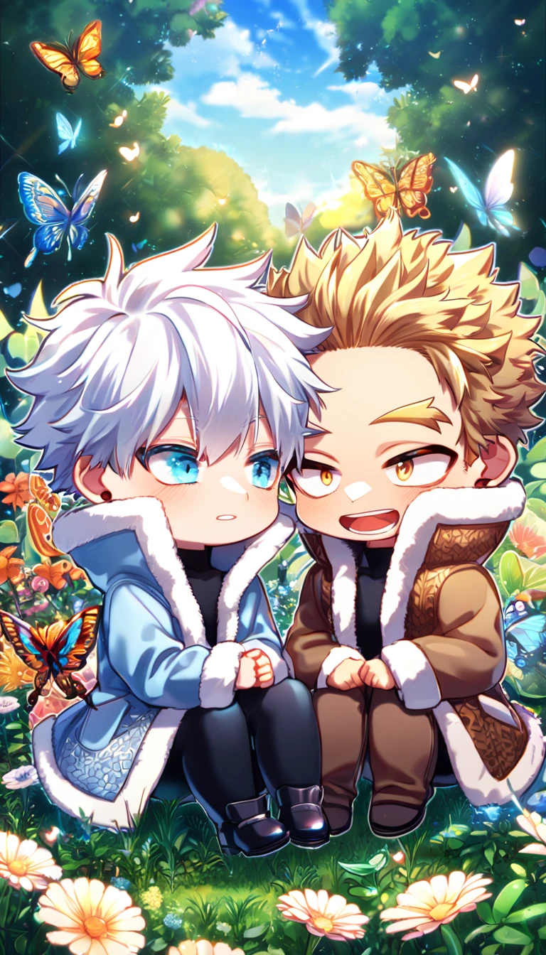 absurdres, highres, ultra detailed, HDR, master piece, best quality, extremely detailed face, delicated features, Hawks chibi, ash-blonde hair, expressive golden brown eyes, Boku No Hero Academia, Gojou Satoru chibi, white hair, expressive blue eyes, white eyelashes, two boys sitting together, yaoi, gay couple, cute, light-blue coat with fur collar, brown jacket with fur collar, black tight shirt with patterns, fantasy, magical, butterflies, summer, green leaves, flowers, water, garden