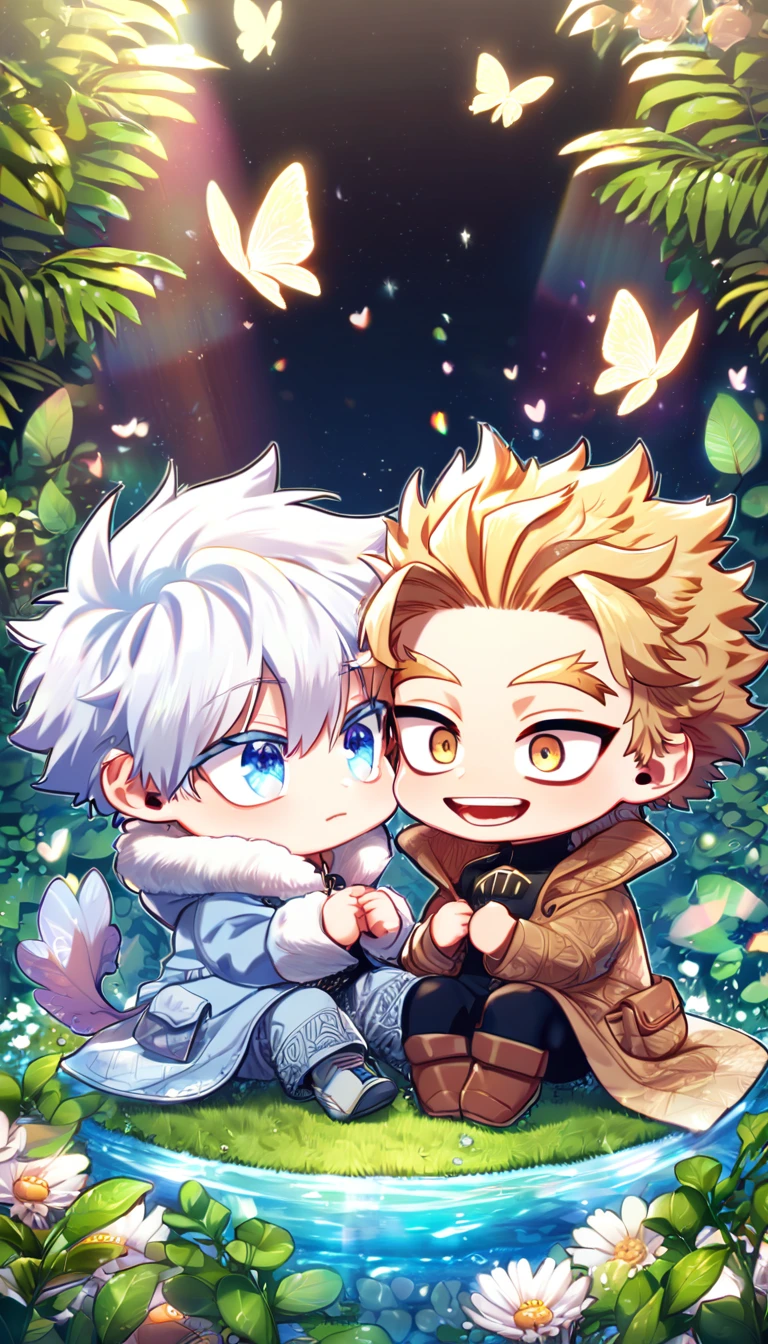 absurdres, highres, ultra detailed, HDR, master piece, best quality, extremely detailed face, delicated features, Hawks chibi, ash-blonde hair, expressive golden brown eyes, Boku No Hero Academia, Gojou Satoru chibi, white hair, expressive blue eyes, white eyelashes, two boys sitting together, yaoi, gay couple, cute, light-blue coat with fur collar, brown jacket with fur collar, black tight shirt with patterns, fantasy, magical, butterflies, summer, green leaves, flowers, water, garden
