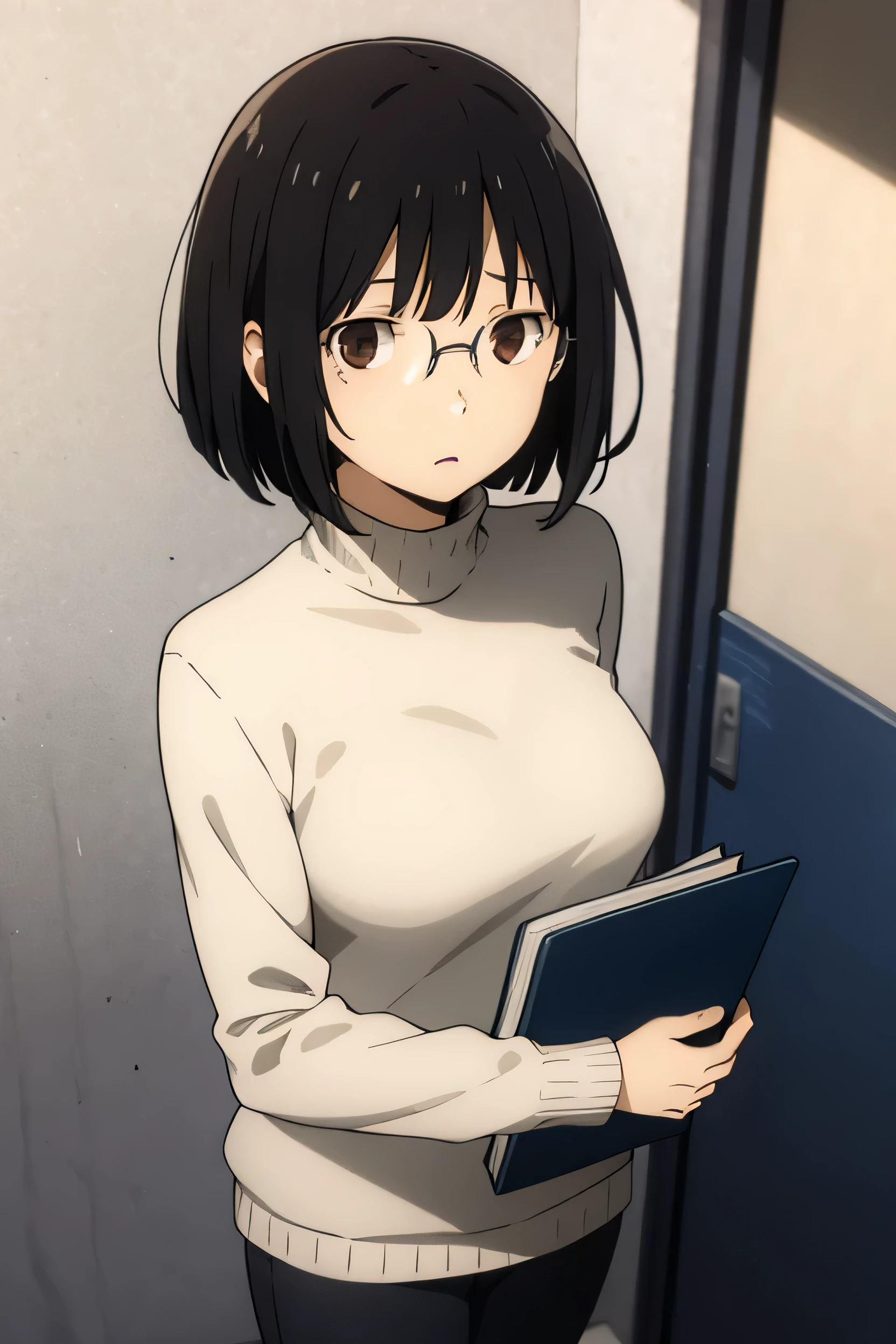 score_9, score_8_up, score_7_up, score_6_up, Source Anime, 1 girl, solo,  Henri, Black Hair, short hair, Bob Cut, Brown eyes, Glasses, Large Breasts, White sweater、turtleneck、Beige pants、Look at you、Hold the book、From the side、corridor、blush、Look at you、From above