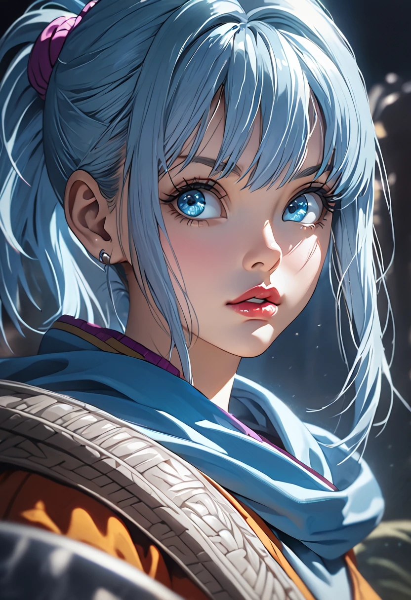 (1girl,bulma from dragon ball,goku from dragon ball,detailed face,highly detailed,photorealistic,cinematic lighting,dramatic lighting,beautiful detailed eyes,beautiful detailed lips,extremely detailed eyes and face,highres,best quality,8k,masterpiece,award winning,digital painting,hyper detailed,intricate details,cinematic composition,dramatic angle,volumetric lighting,depth of field,sharp focus)