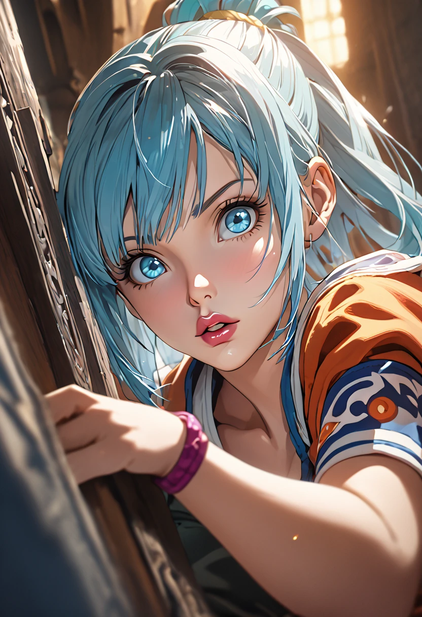 (1girl,bulma from dragon ball,goku from dragon ball,detailed face,highly detailed,photorealistic,cinematic lighting,dramatic lighting,beautiful detailed eyes,beautiful detailed lips,extremely detailed eyes and face,highres,best quality,8k,masterpiece,award winning,digital painting,hyper detailed,intricate details,cinematic composition,dramatic angle,volumetric lighting,depth of field,sharp focus)