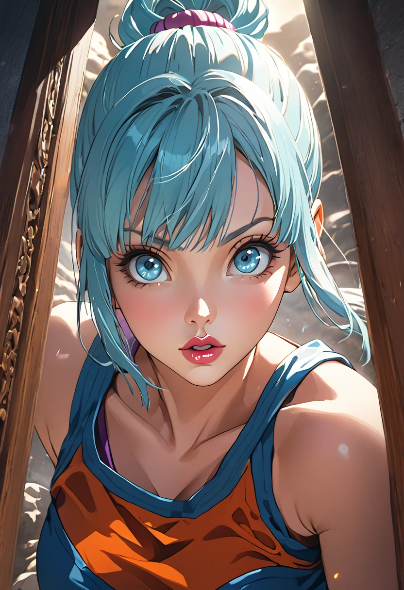 (1girl,bulma from dragon ball,goku from dragon ball,detailed face,highly detailed,photorealistic,cinematic lighting,dramatic lighting,beautiful detailed eyes,beautiful detailed lips,extremely detailed eyes and face,highres,best quality,8k,masterpiece,award winning,digital painting,hyper detailed,intricate details,cinematic composition,dramatic angle,volumetric lighting,depth of field,sharp focus)