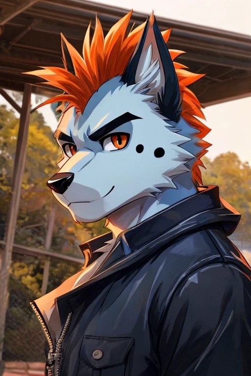 Art anime Cartoon,furry Masculino,furry pantera,little toned body,fur color light blue with white and black dots,Mohawk to the side in black,orange eyes, photo backdrop