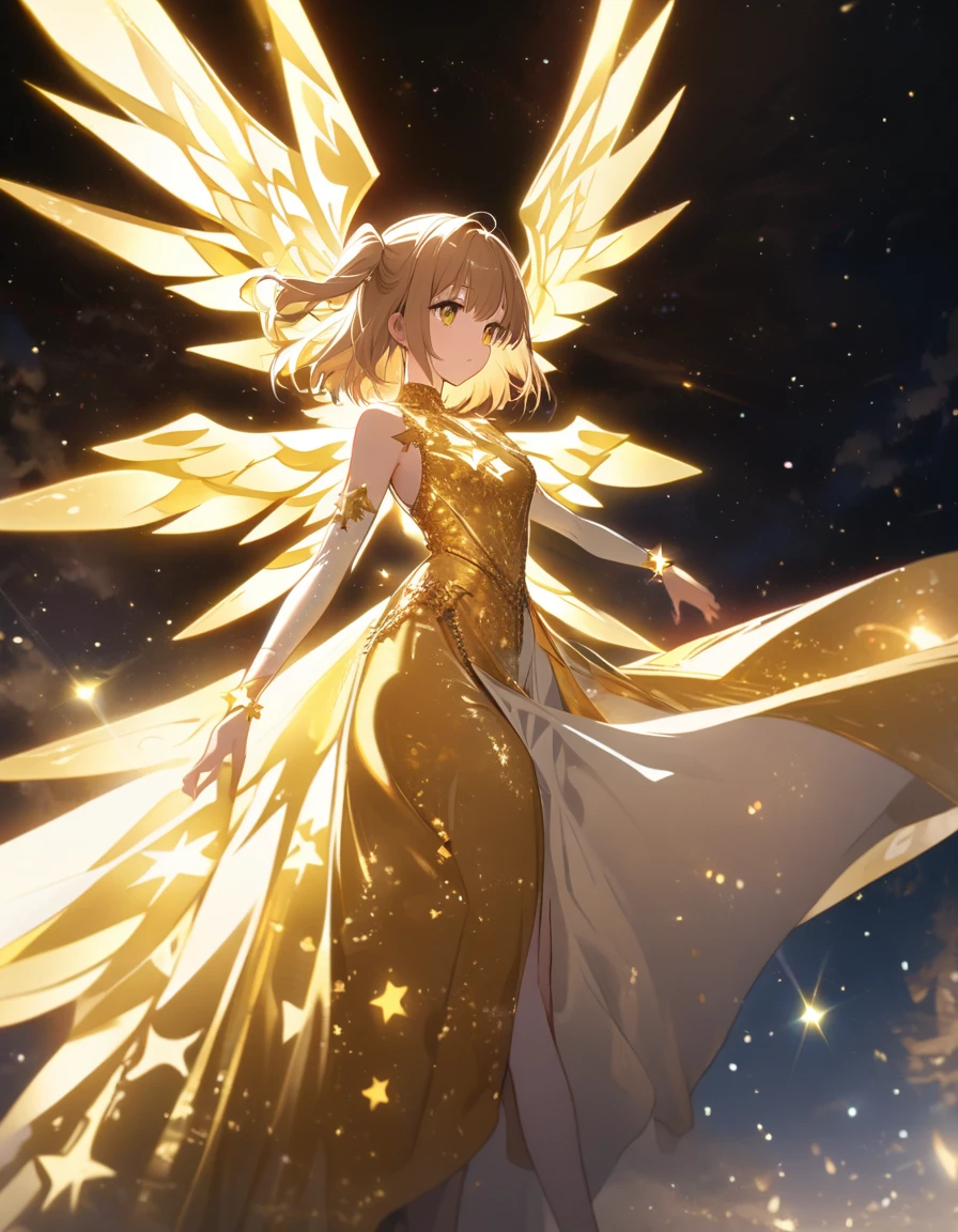 goddess(gold short hair, side-up hair, golden eyes, golden one-piece long dress, white forearm sleeves, white high boots, golden multi wings, star-motif bracelet), shining effect, starlight, sideway view