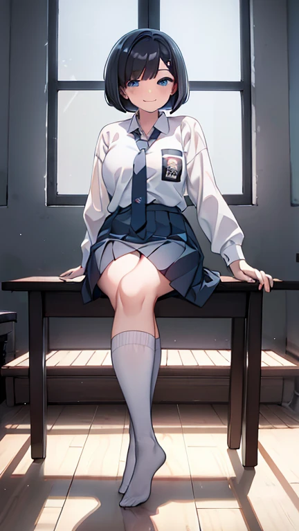 1 woman, 17 years old, (Short Layered Bob haircut, black hair), scared face expression, plump body, blue eyes, Indonesian high-school uniform, (wearing transparent white shirt, long sleeves, light-grey tie), osis logo on shirt pocket, medium breasts, long light-grey pleated skirt, dynamic pose, full body shot, shy, in the classroom, smiling.