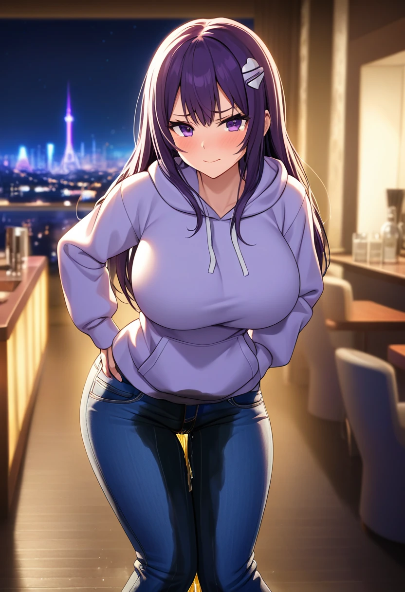 woman, very dark purple hair, purple eyes, long hair, huge breasts, stylish hoodie, tight jeans, standing, (wetting herself:1.5), best quality, ultra-detailed, HDR, studio lighting, professional, vivid colors, sharp focus, bokeh, landscape, love hotel, bar counter, night, window, cityscape, colorful city, neon lights, futuristic, science fiction, soft lighting, dynamic shadows, embarrassed, humiliation, blushing, angry, facing viewer, (hands on hips:1.5), groin, mound of Venus