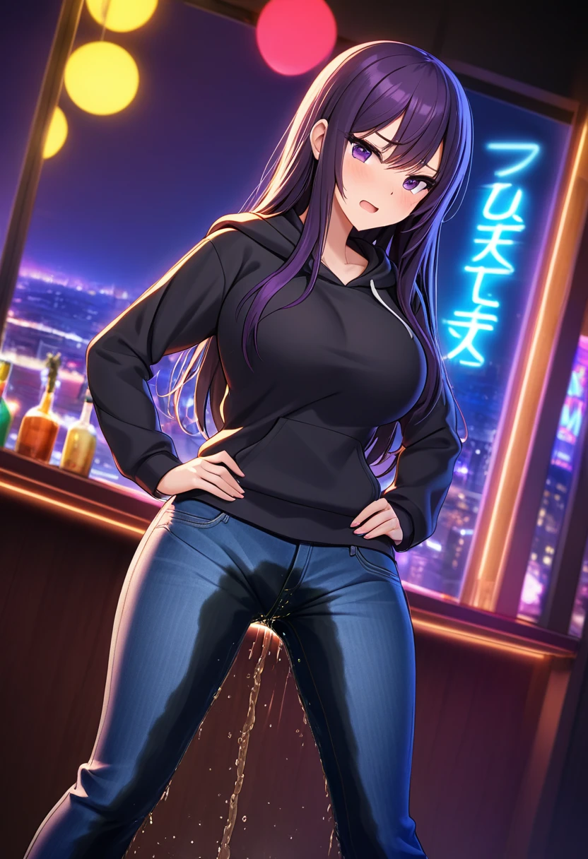 woman, very dark purple hair, purple eyes, long hair, huge breasts, stylish hoodie, tight jeans, standing, (wetting herself:1.5), best quality, ultra-detailed, HDR, studio lighting, professional, vivid colors, sharp focus, bokeh, landscape, love hotel, bar counter, night, window, cityscape, colorful city, neon lights, futuristic, science fiction, soft lighting, dynamic shadows, embarrassed, humiliation, blushing, angry, facing viewer, (hands on hips:1.5), groin, mound of Venus