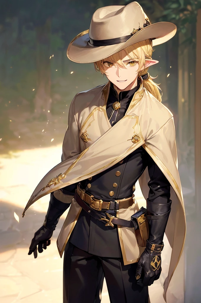 (((masterpiece; best quality: 1.2))), (finely detailed eyes: 1.3), (25 year old elf man), (solo), (yellow eyes: 1.4), (body; toned, fit, masculine: 1.3), (silky blonde hair in low ponytail: 1.3), (beautiful and clear background: 1.2), ((depth of field)), (equipment: adventurer garb + modest + elegant wide-brimmed hunter hat + beige overcoat + shirt + long black slanted cape + black pants + gloves + belt + pouches: 1.3), (anime illustration: 1.2), (background composition; royal garden: 1.1), (extremely fine and handsome: 1.1), (shot composition; standing + centered on torso + close-up: 1.5), (expression; calm, smile: 1.2)