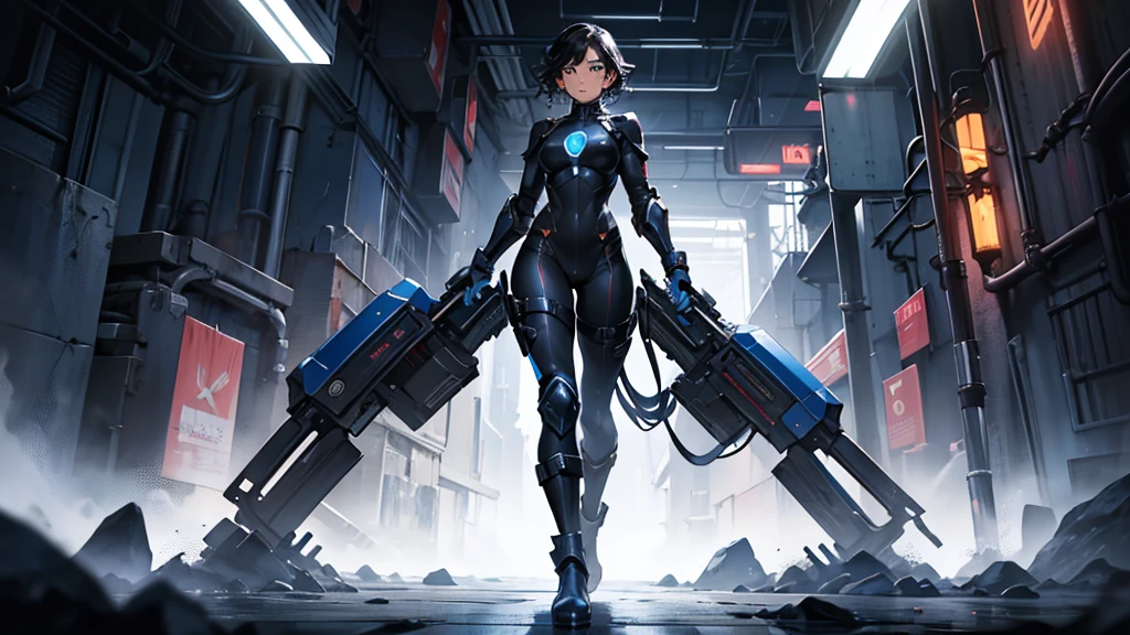 4k ultra HD, masterpiece, character artwork, solo, full length image, head to toe, perfect lighting, human woman, standing, round face blue eyes slightly up-turned cute nose very lightly blushing cheeks determined expression, short curly blue-black hair, wearing blue metal armor with a black bodysuit beneath it, knee high blue metal boots with heels, standing up straight, tools on the ground near her boots
