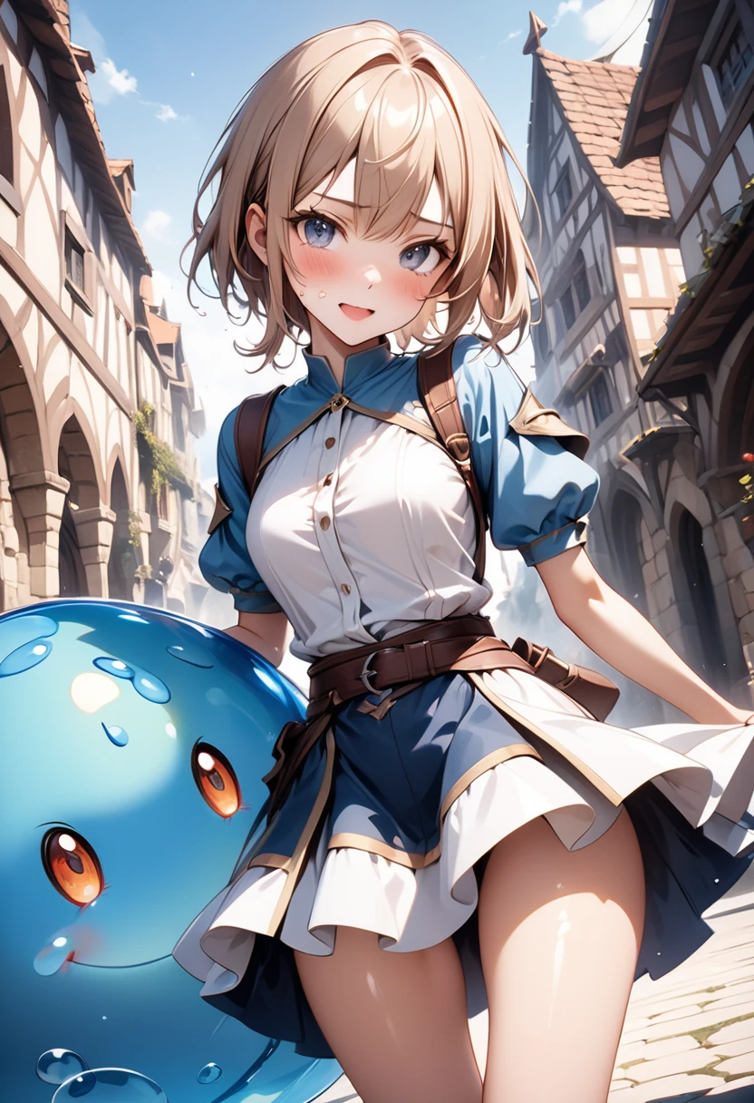 (((Very realistic slime))), ((Fantasy-style fantasy world)), (((Fantasy Costumes, skirt))), ((Shiny Costumes)), (Being attacked by slime), skindentation, skinny, solo, 1 woman, Masterpiece, highest quality, highest quality, 16K, incredibly absurd, highly detailed, 2.5D, ai-generated, delicate and dynamic, very delicate facial expressions, delicate eye depiction, erotic, only sexy woman, ((A cute and kind face)), healthy figure, ((25-year-old woman)), 160cm tall, medium firm swaying bust, blush, Sweat,Embarrassed,sexy, ((thin thighs)), (camel toe:0.7), (visible nipples:0.5), (Erect nipples,:0.7), shiny and lustrous, facing straight at viewer, (((in heat))), ((Oily_skin)), ((dutch angle)), ((erotic pose)), ((Fighting slime)), ((Daytime plateau in a fantasy world of medieval Europe)),