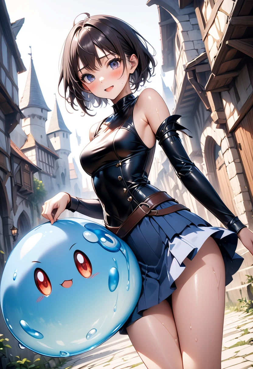 (((Very realistic slime))), ((Fantasy-style fantasy world)), (((Fantasy Costumes, skirt))), ((Shiny Costumes)), (Being attacked by slime), skindentation, skinny, solo, 1 woman, Masterpiece, highest quality, highest quality, 16K, incredibly absurd, highly detailed, 2.5D, ai-generated, delicate and dynamic, very delicate facial expressions, delicate eye depiction, erotic, only sexy woman, ((A cute and kind face)), healthy figure, ((25-year-old woman)), 160cm tall, medium firm swaying bust, blush, Sweat,Embarrassed,sexy, ((thin thighs)), (camel toe:0.7), (visible nipples:0.5), (Erect nipples,:0.7), shiny and lustrous, facing straight at viewer, (((in heat))), ((Oily_skin)), ((dutch angle)), ((erotic pose)), ((Fighting slime)), ((Daytime plateau in a fantasy world of medieval Europe)),sit,