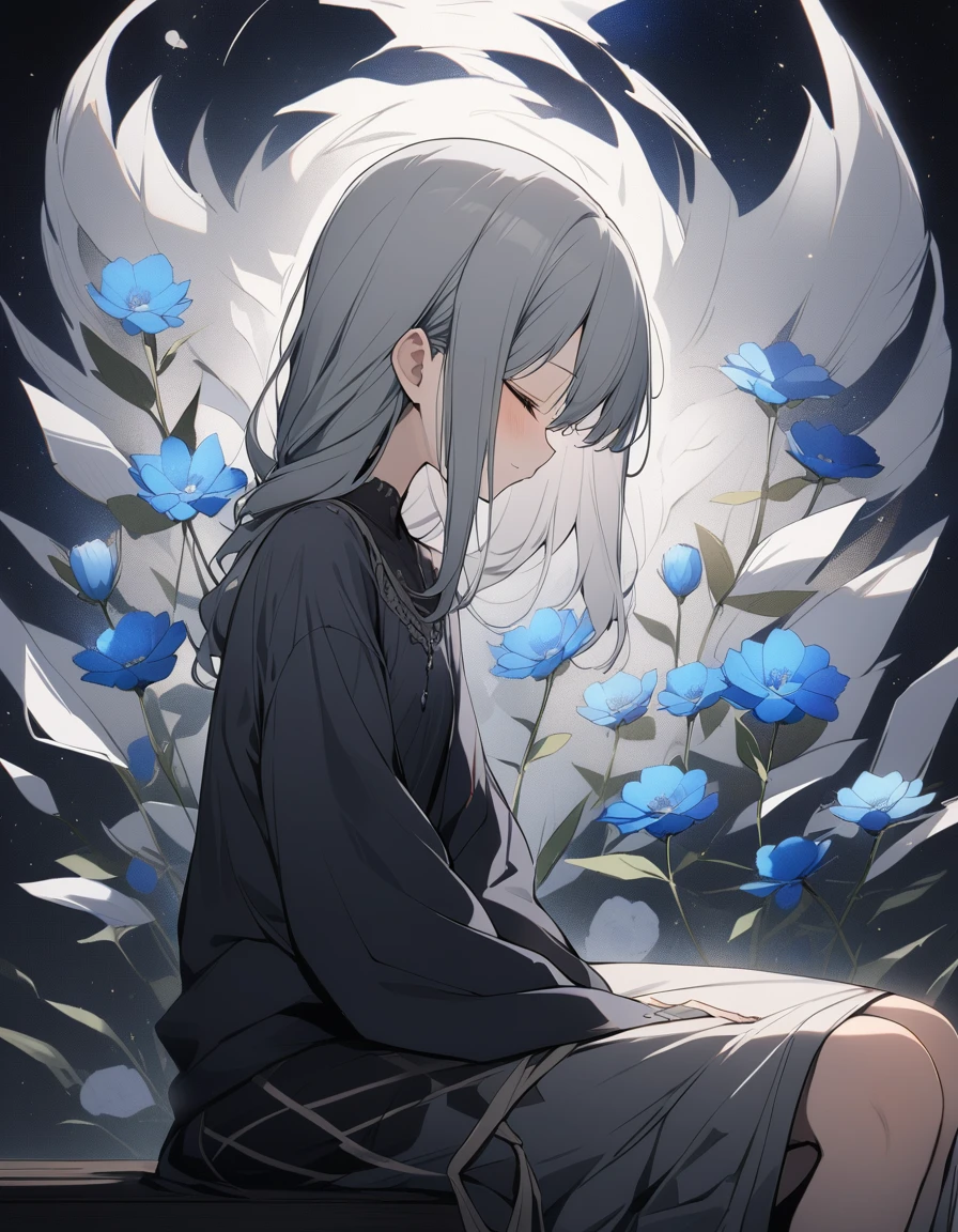 Highest quality,masterpiece,grayと赤の調和アート,black,Perfect Anatomy,Girl Closing Her Eyes,cute,14 years old,profile,blackのオフショルダードレス,Sitting Girl,Wabi-sabi art,gray,black,white,Perfect artistic harmony,Blue Flower,grayの葉,Modest Flower,Simple configuration,背景はwhiteい壁です,blue flower,grayの葉,space,painful,refer to,5 bottles,