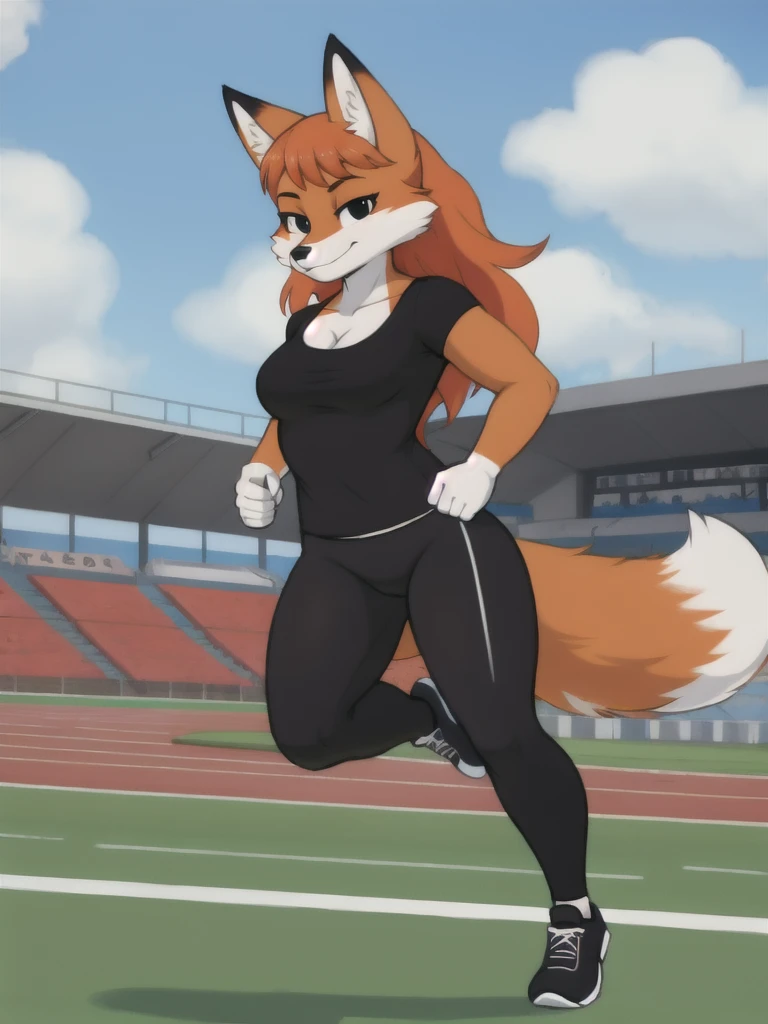 Furry, fox, female, black shirt, black leggings, shoes, running track, solo, full body