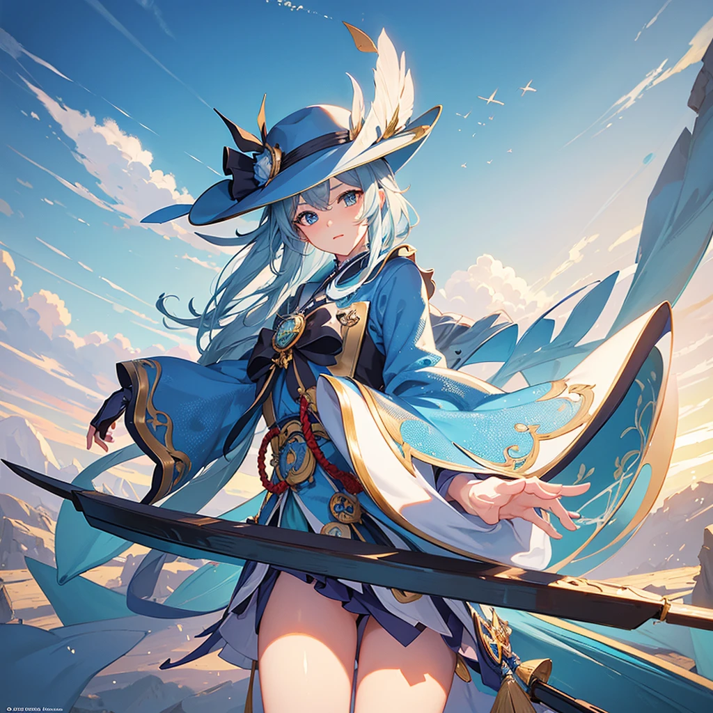 (masterpiece),(Best quality:1.0), (ultra high resolution:1.0), detailed illustration, 8 K, anime, masterpiece, put a wide blue hat on your head, detailed hat, Best quality,(Wanderer:1.2), Mailbox, (Genshin's influence), 1 girl, Girl's Trick, One, vest,(kbxll:0.5), anime style, Bright, girl with blue eyes, wear glasses, short haircut, square, Brown hair