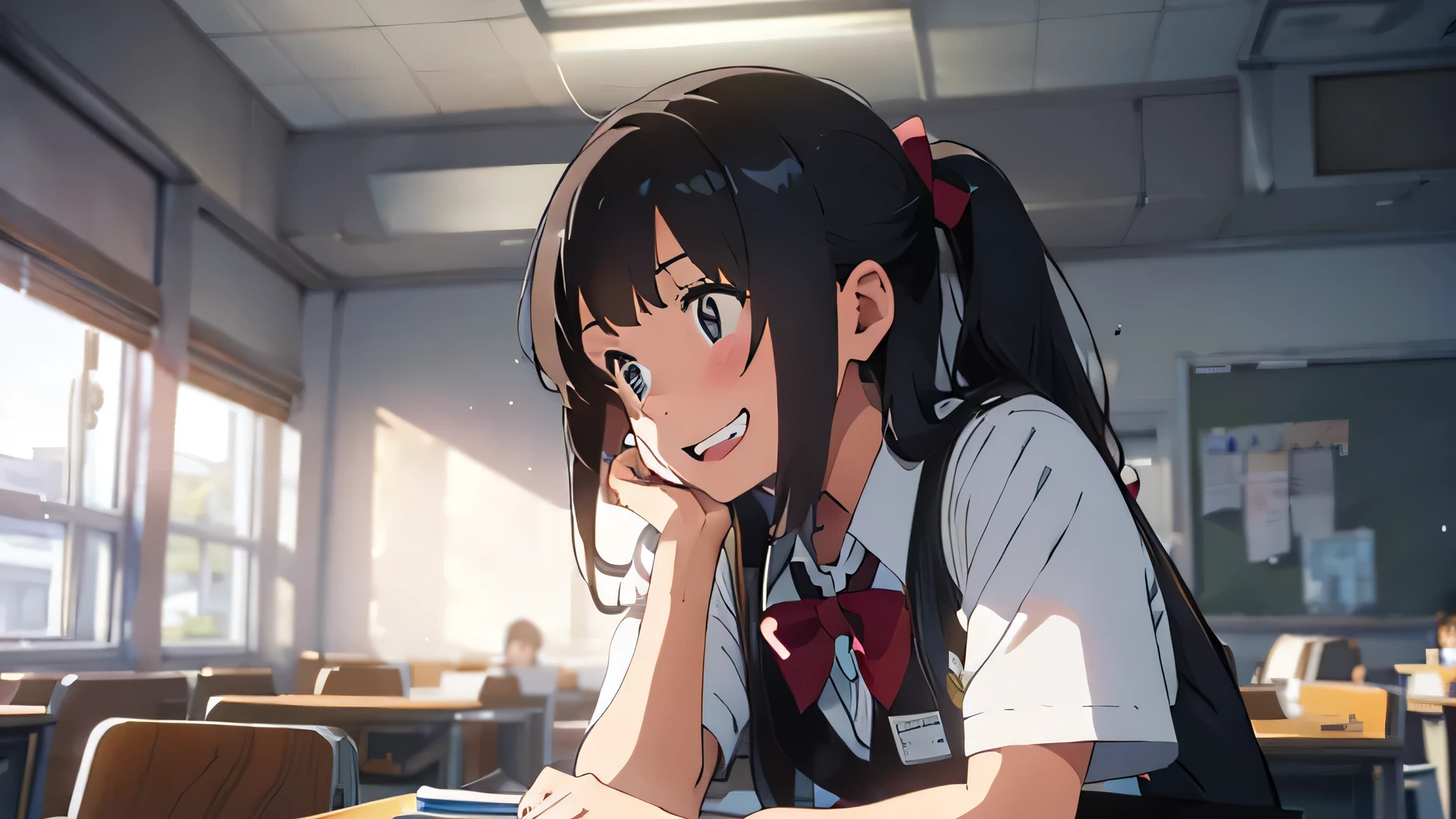 classroom、high school girl、Facing forward, resting his chin on the desk and laughing out loud