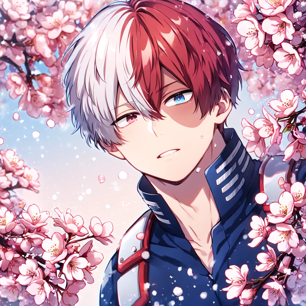 Ultra detailed, HDR, Highres, absurdres, master piece, Todoroki Shouto, bicolor hair, red right side of hair, white left side of hair, heterochromia, expressive right blue eye, gray left eye, blue hero clothes with white patterns, Boku No Hero Academia, sexy man, handsome, cherry, flowers, blossoms, fantasy, magical, pink leaves, snowing, handsome, sensual, best quality, glittering, solo,