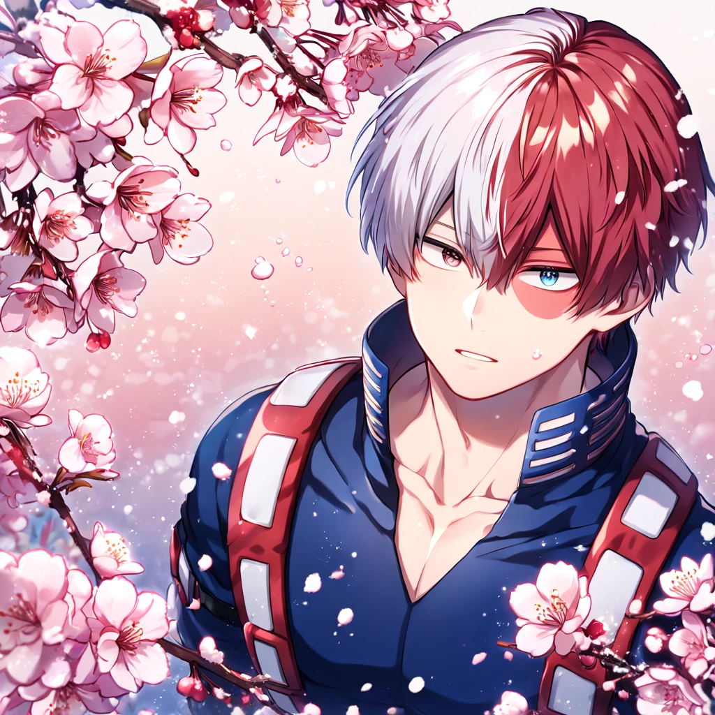 Ultra detailed, HDR, Highres, absurdres, master piece, Todoroki Shouto, bicolor hair, red right side of hair, white left side of hair, heterochromia, expressive right blue eye, gray left eye, blue hero clothes with white patterns, Boku No Hero Academia, sexy man, handsome, cherry, flowers, blossoms, fantasy, magical, pink leaves, snowing, handsome, sensual, best quality, glittering, solo,