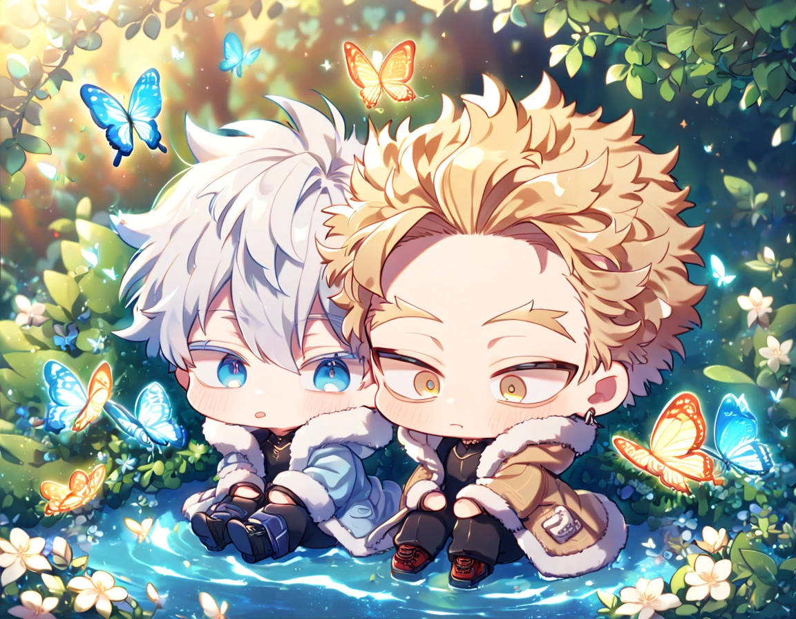absurdres, highres, ultra detailed, HDR, master piece, best quality, extremely detailed face, delicated features, Hawks chibi, ash-blonde hair, expressive golden brown eyes, Boku No Hero Academia, Gojou Satoru chibi, white hair, expressive blue eyes, white eyelashes, two boys sitting together, yaoi, gay couple, cute, light-blue coat with fur collar, brown jacket with fur collar, black tight shirt with patterns, fantasy, magical, butterflies, summer, green leaves, flowers, water, garden