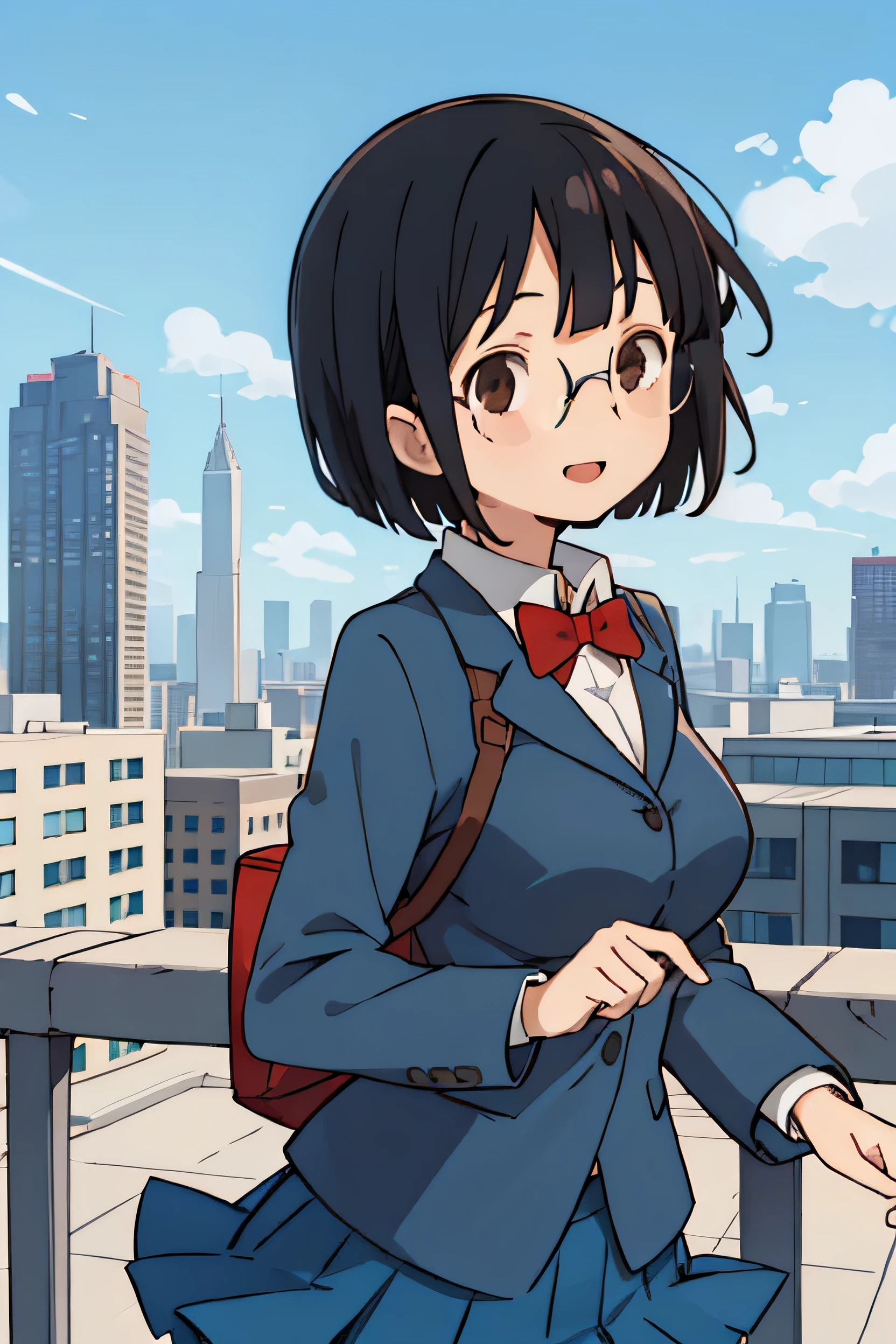 score_9、score_8_up、score_7_up、score_6_up、Source Anime、1 girl、solo、 Henri、Black Hair、short hair、Bobcut、Brown eyes、Glasses、Blue blazer、Red bow tie、Collared shirt、Navy Blue Skirt、Pleated skirt、Big Breasts、Look at you、smile、Upper Body、blue sky、City