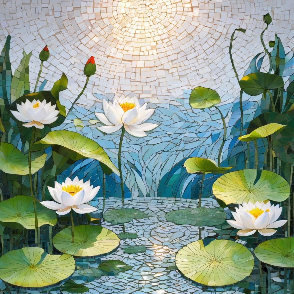 white background, white lotus, lotus leaves, swimming fish, flying butterflies, mosaic radiation: 1.2, welcoming sunlight: 0.8, Like pieces of glass transmitting warmth and energy into space: 0.4 Sparkling and dancing, clean. 