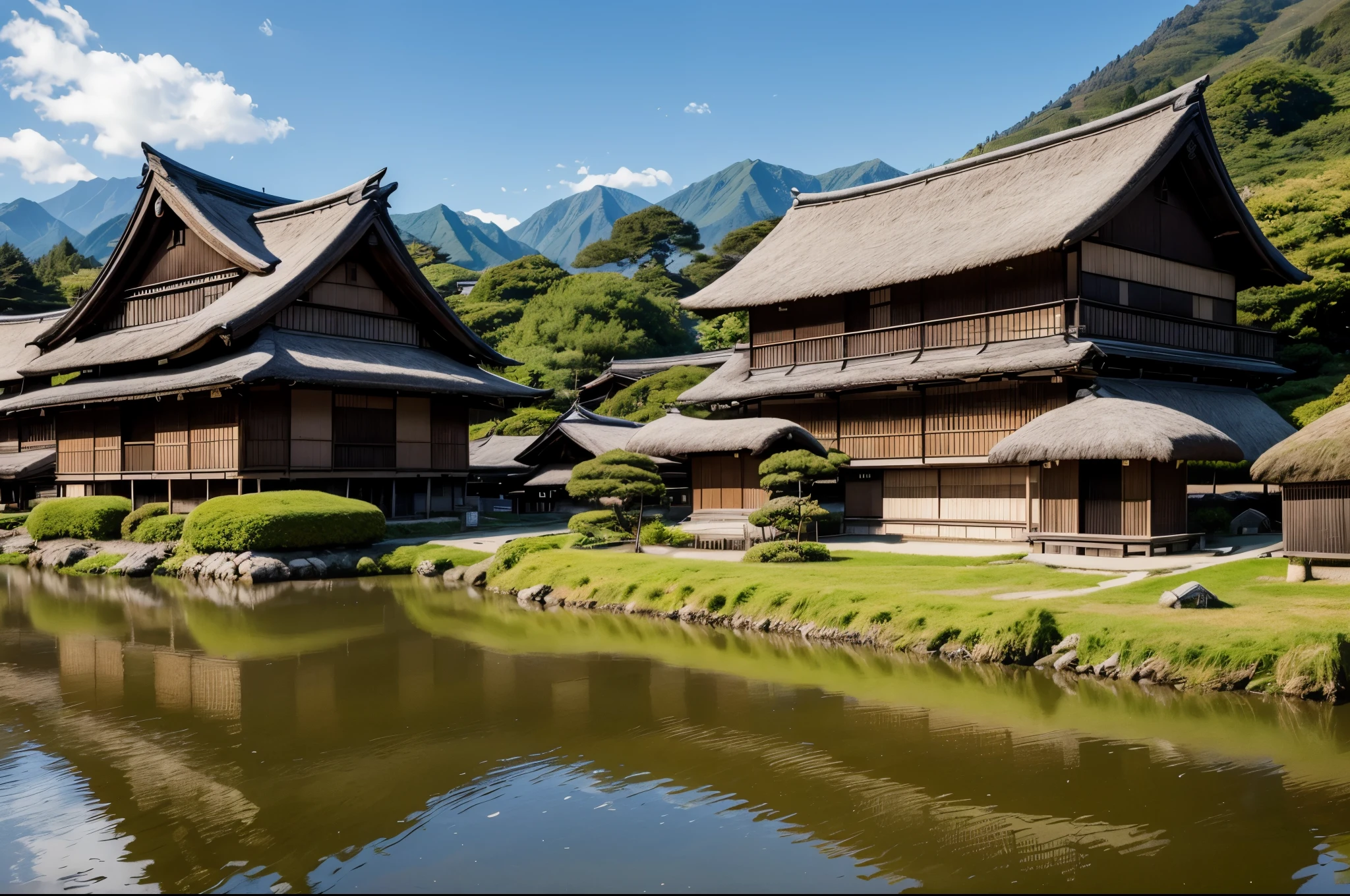 A group of straw-thatched Japanese houses like those in Shirakawa-go　distant writing