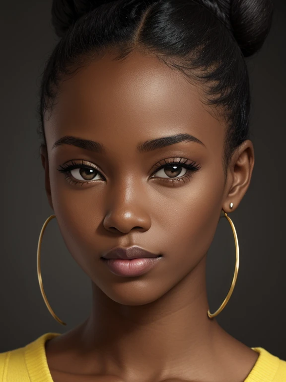 woman, face, close up, african, black, hair bun, solid background