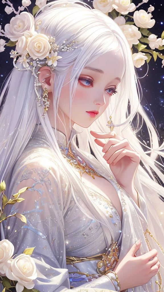 Dazzling colorful lights,Intricate details,whole像、White hair with crystal details,Beautiful woman,There are white flowers in her hair,Pale skin,Light background,Fantasy art style,Kawajiri&#39;s wonderful illustrations,pastel colour,Inspired by anime aesthetics,Mysterious Light,Fantasy Style,clavicle,Exposed shoulders,Floating Feather,Shine in different colors,Anime Style.,Front angle of view、超High resolution,Textured skin,Attention to detail,Highest quality,Highest quality,Look forward、Wearing a kimono and facing the camera、The whole body angle is facing the camera.、Talk with your mouth open and meditate with your eyes closed、Joining hands in prayer, Portraits, whole, smile, Speaking with a wide open mouth, Bringing images to humans、One girl, smile, High resolution, Closed eyes, teeth, Meditate with hands together and eyes closed、Body facing the camera、Healing